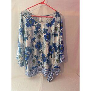 PerSeption Women's Blue & White Pullover Blouse with bottom stripes & tie with 3